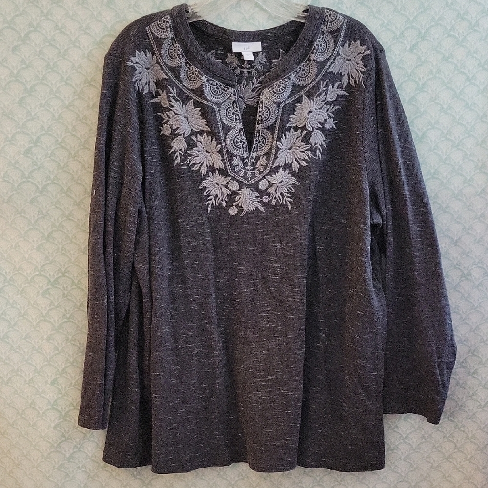J. Jill Charcoal Waffle/Thermal Knit Top with Floral Embroidery Long Sleeves